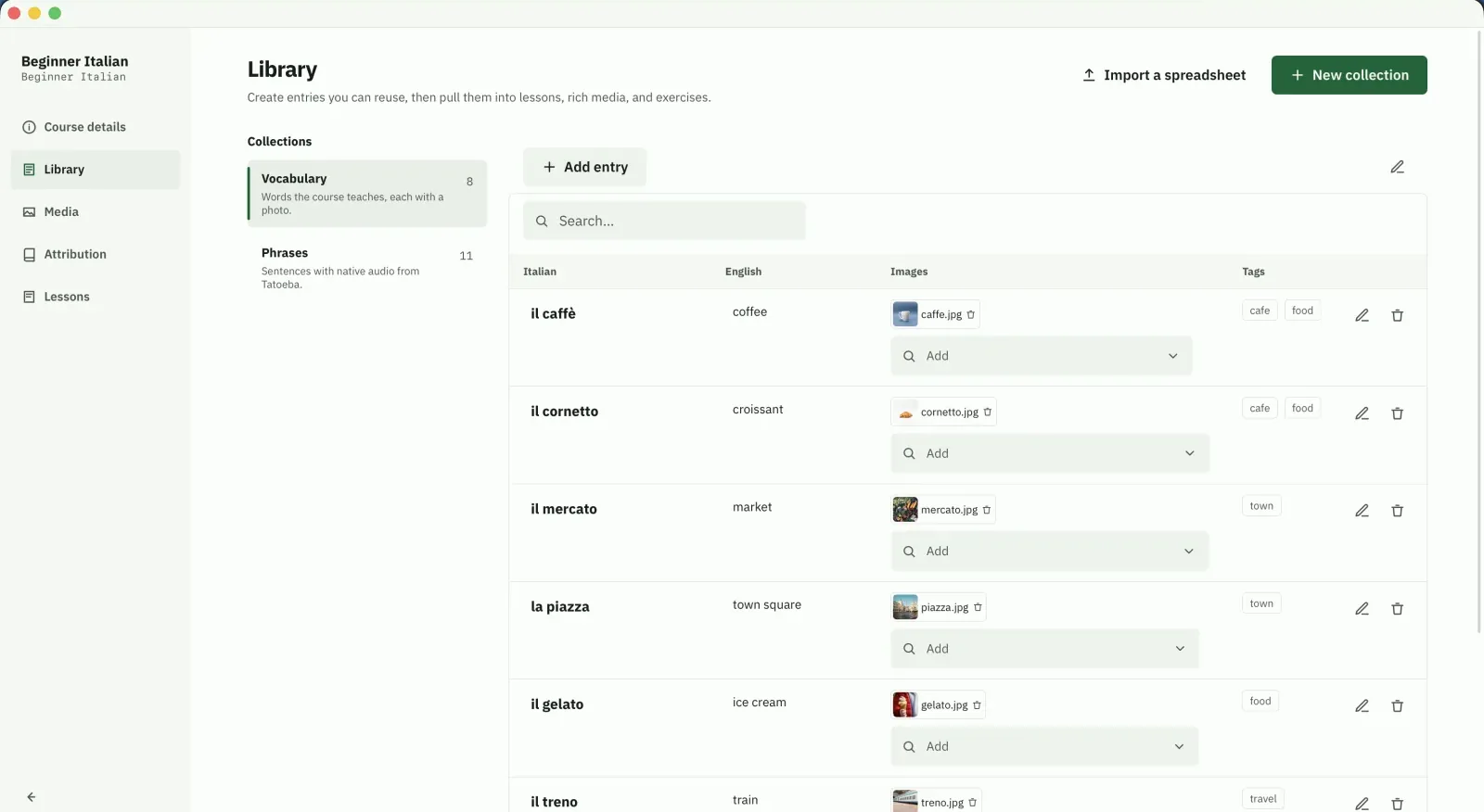 The Asakiri Studio content library listing Italian vocabulary with images and tags.