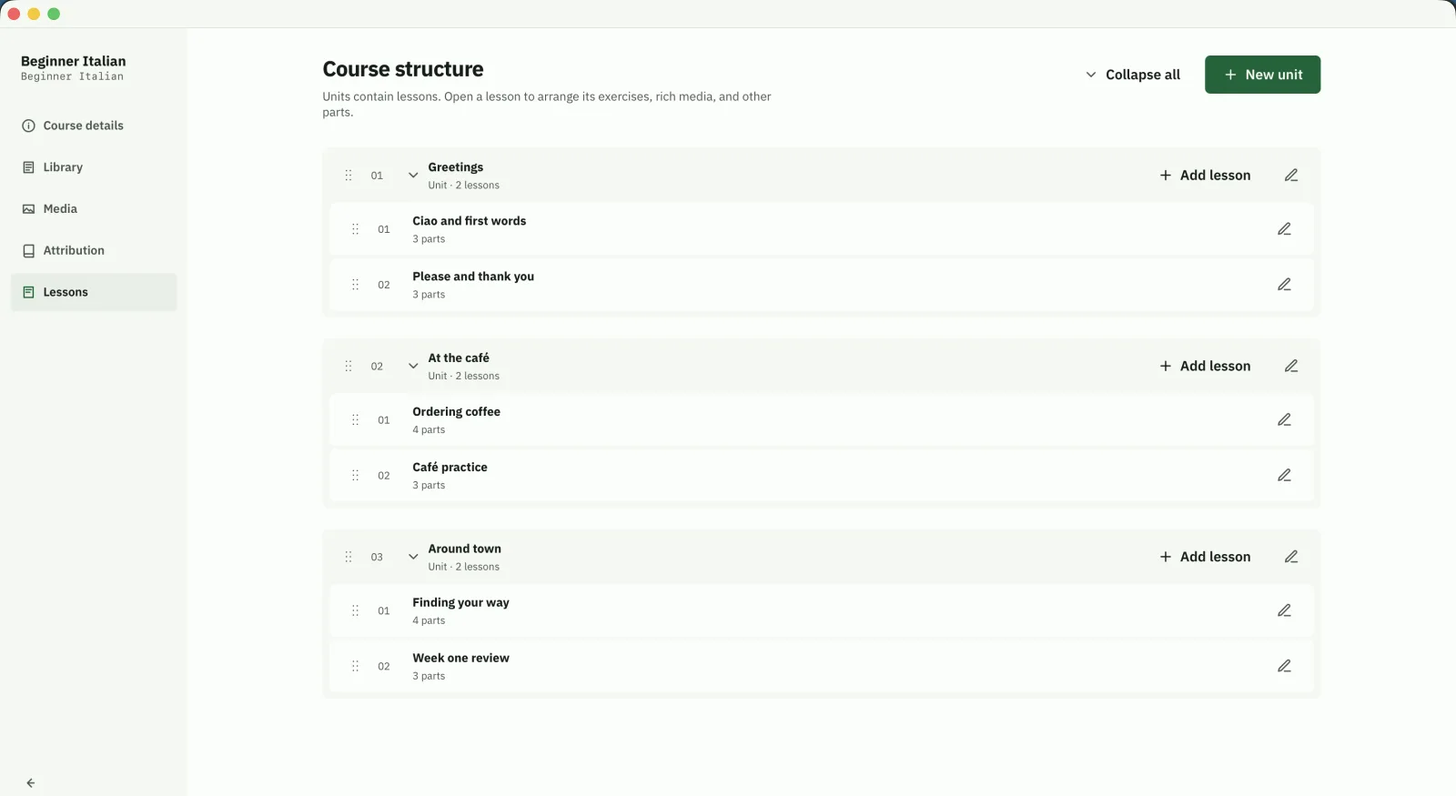 Asakiri Studio showing a Beginner Italian course outline with units and lessons.