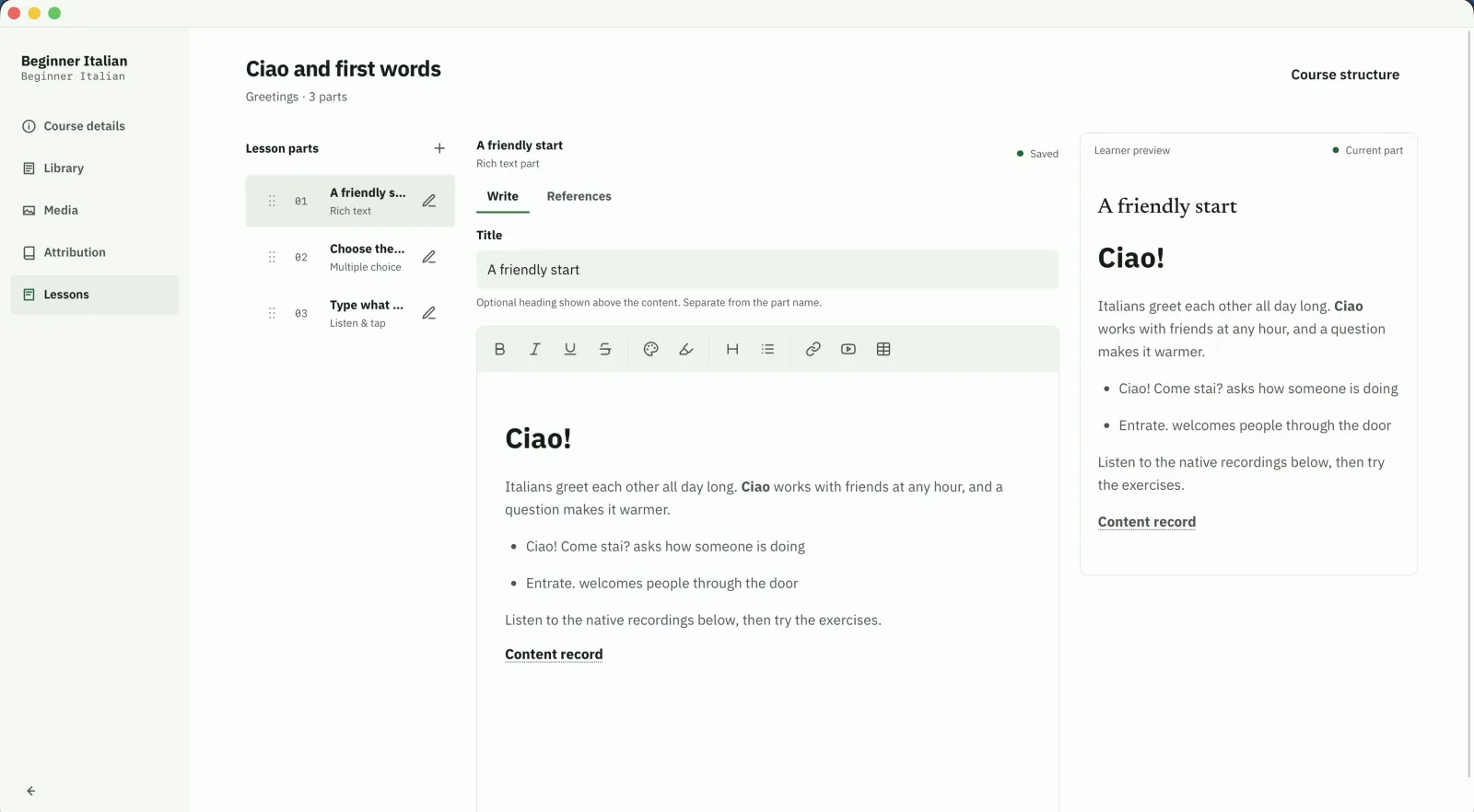 The Asakiri Studio lesson editor with a rich text part and a learner preview panel.